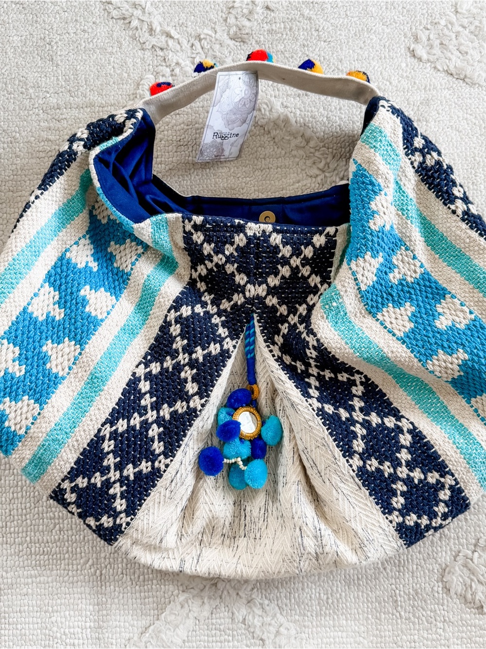 Oversized Woven Blue & White Shoulder Bag with Aqua Accents and Pom Charm